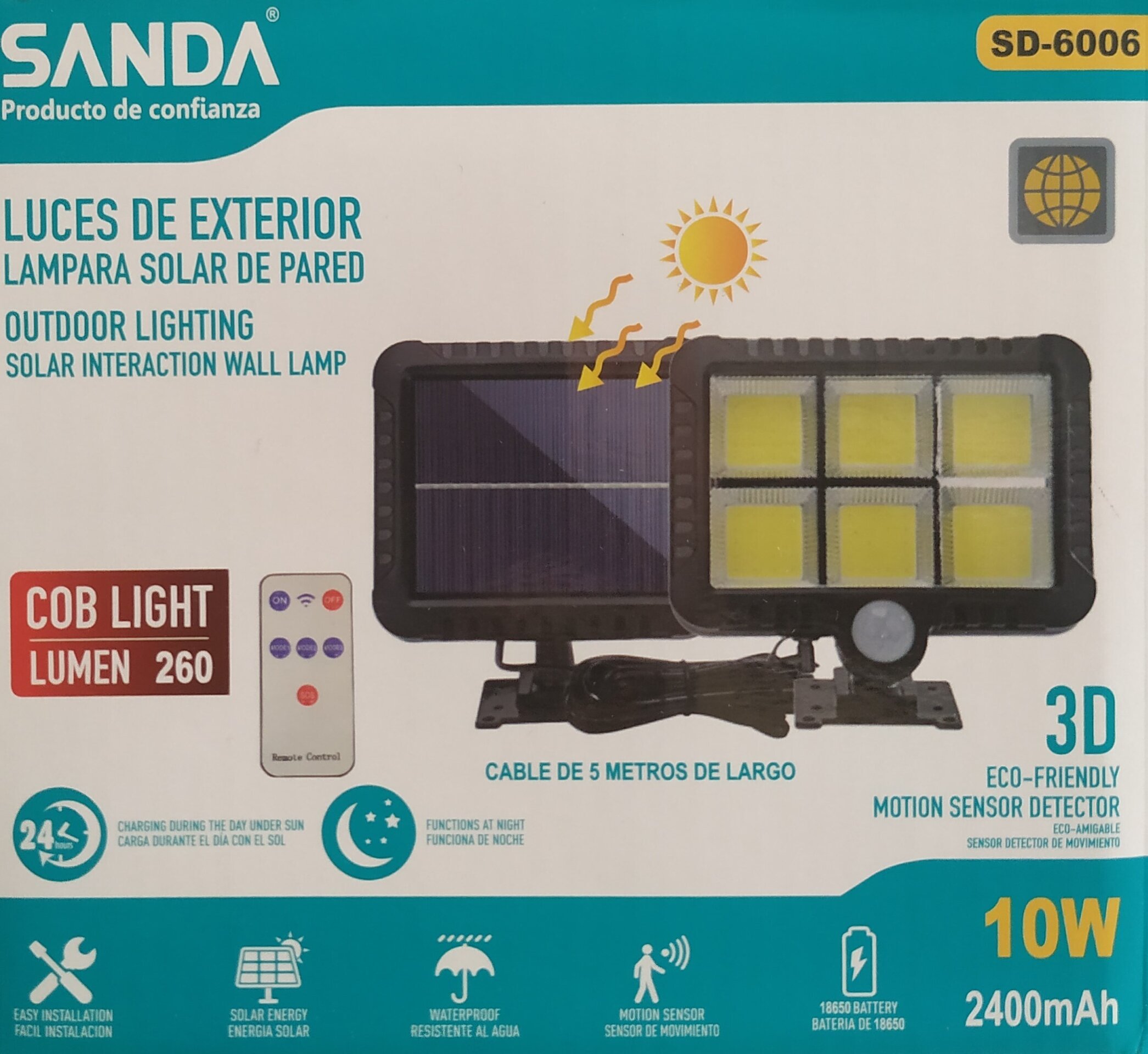 Foco 10W Solar, interior-exterior, 5m cable, mando a distancia - 2