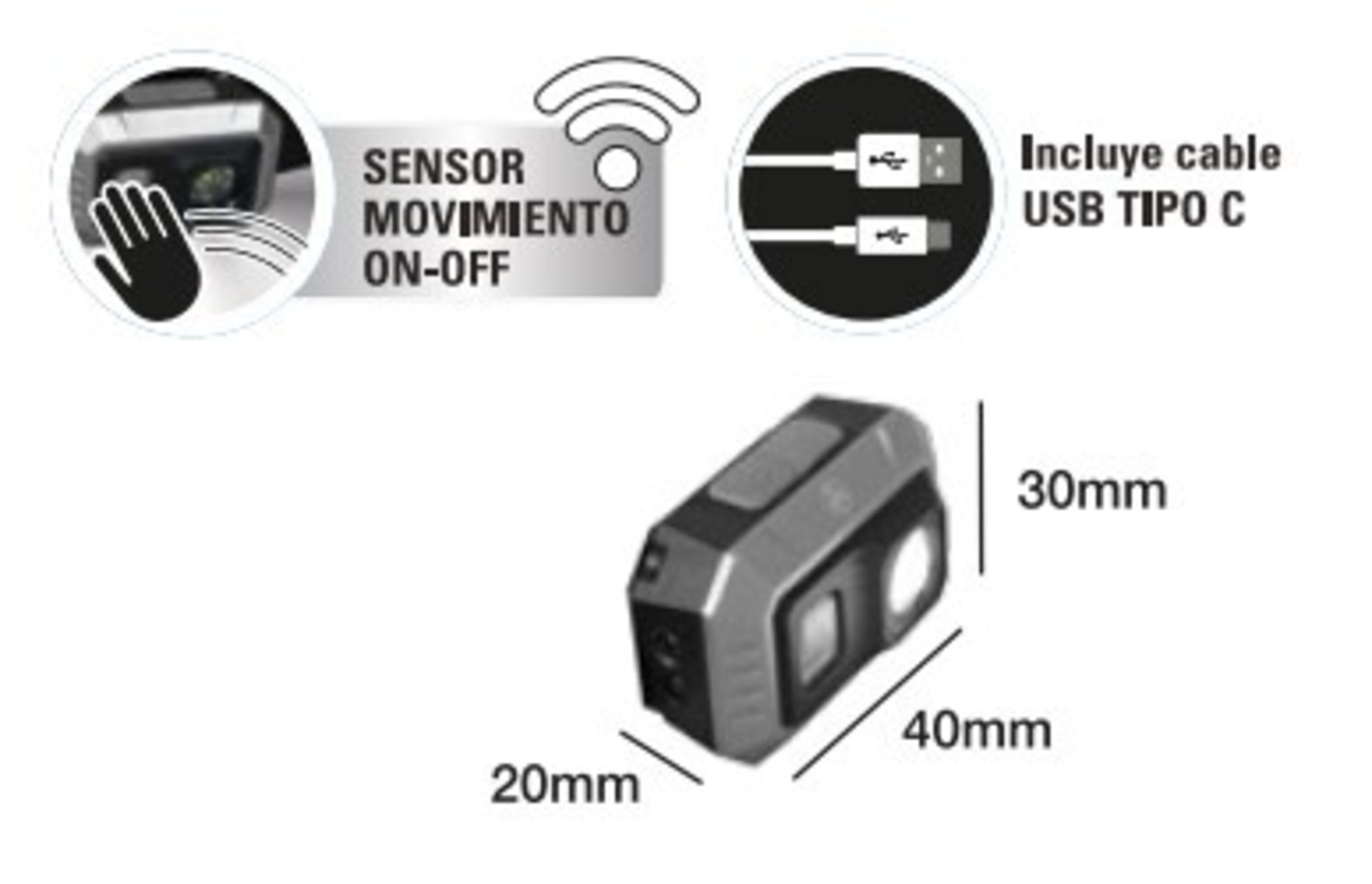 Linterna 8W frontal, led, recargable con sensor - 3
