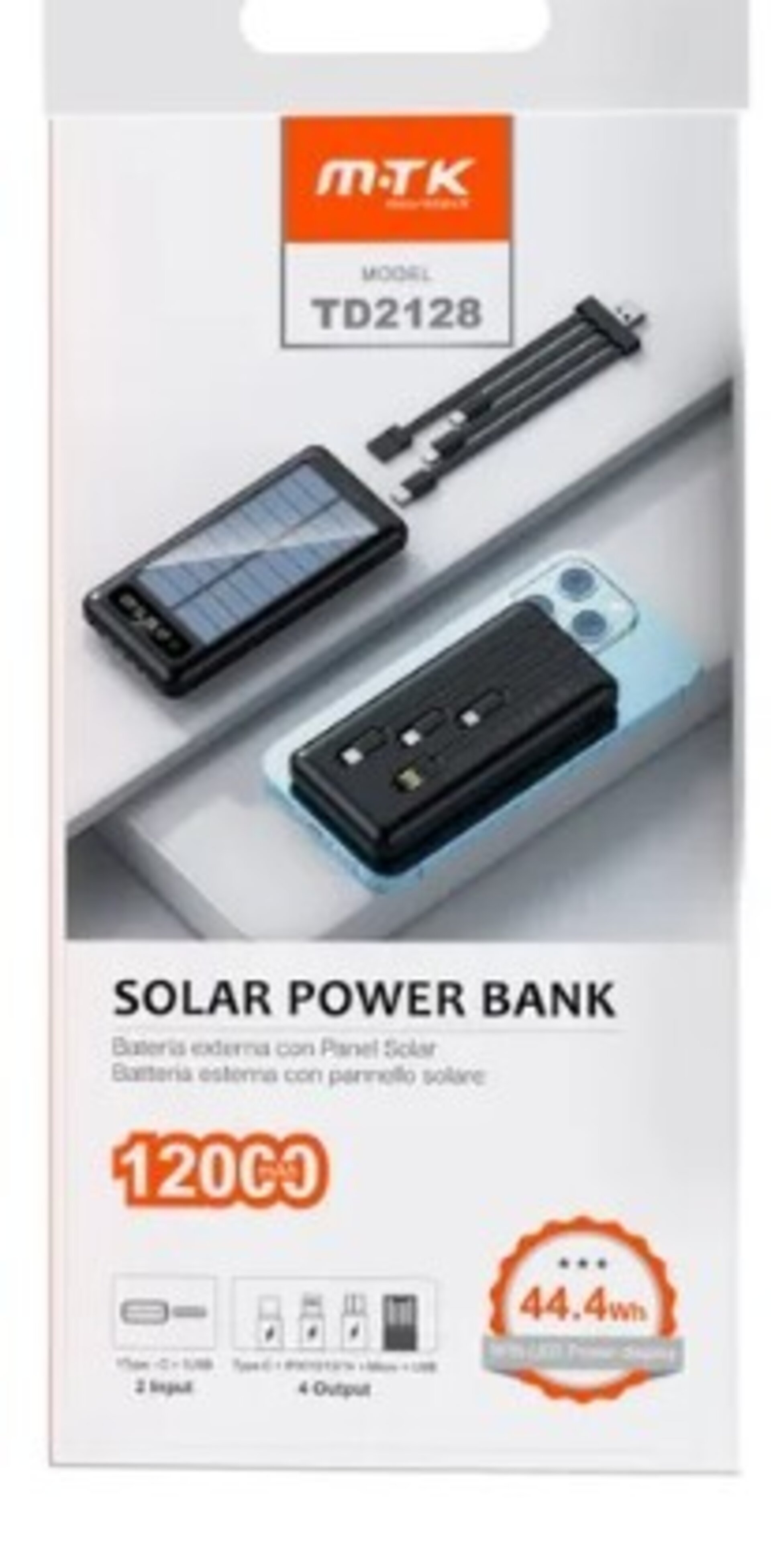 Power bank solar 12000 mAh, cargador hibrido, solar, USB - 3