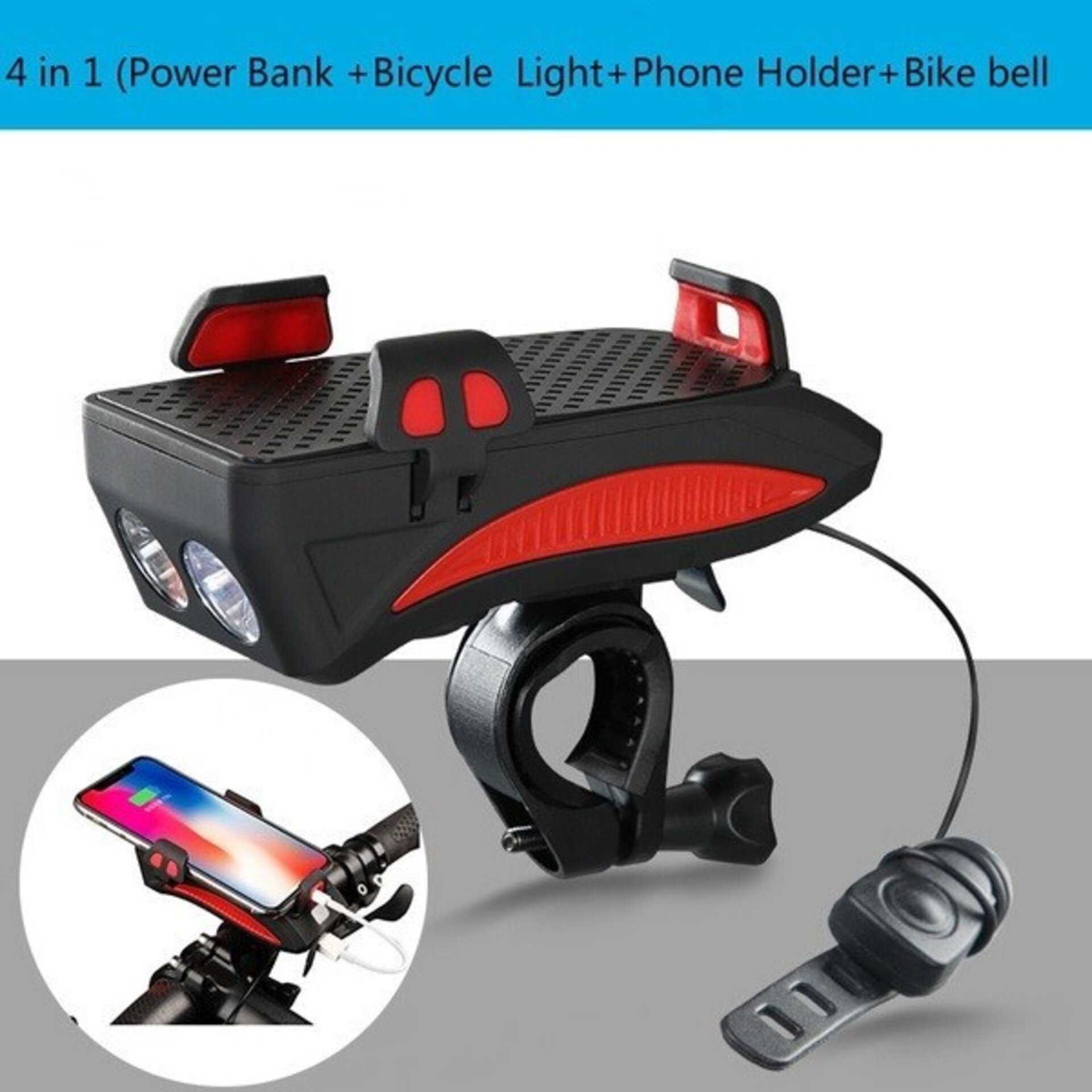 Luz soporte bicicleta, Power Bank, timbre avisador, bateria 2400mAh, luz 5w - 3