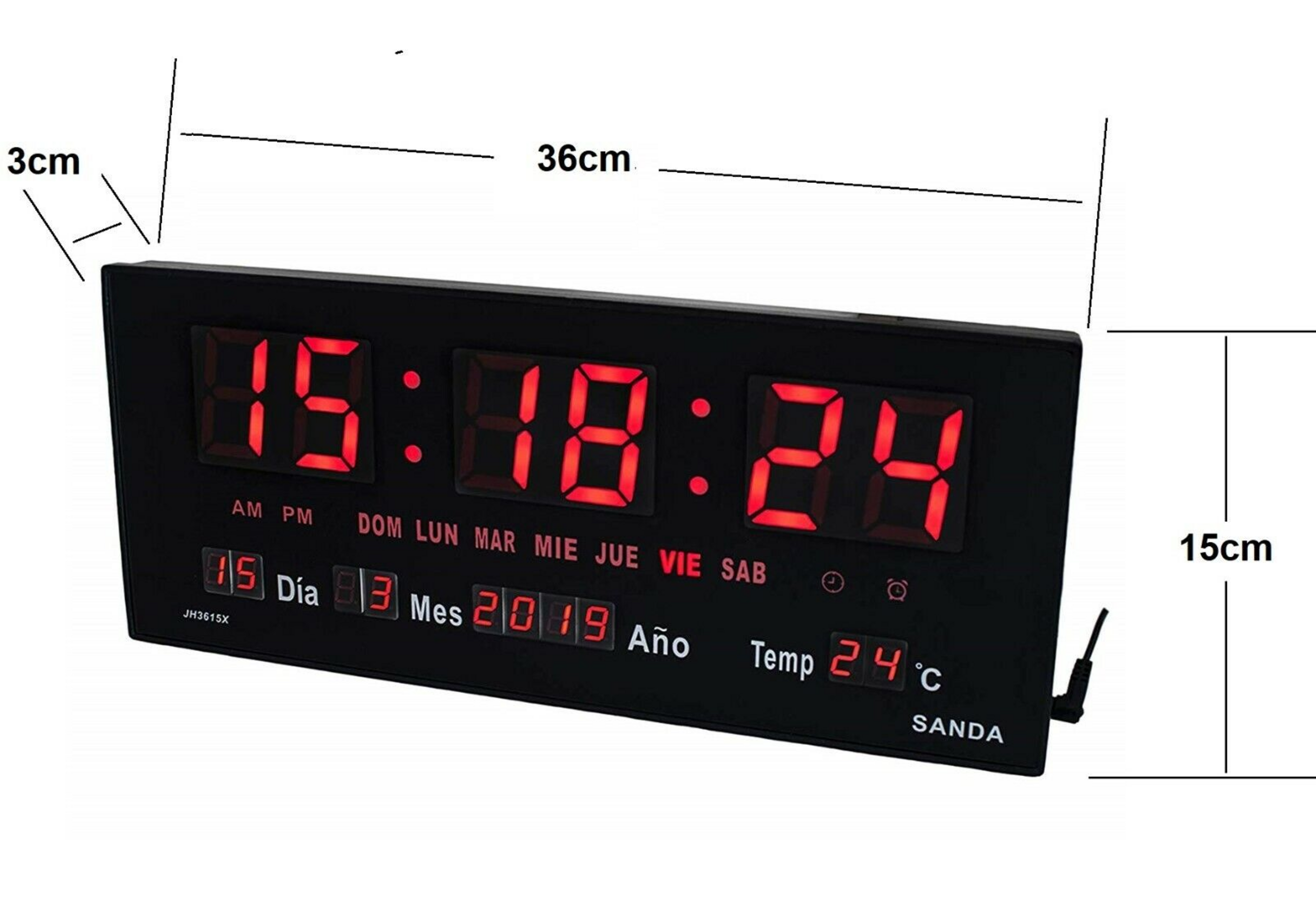Reloj Gran Display, hora, dia, mes, año, temperatura, alarma - 2